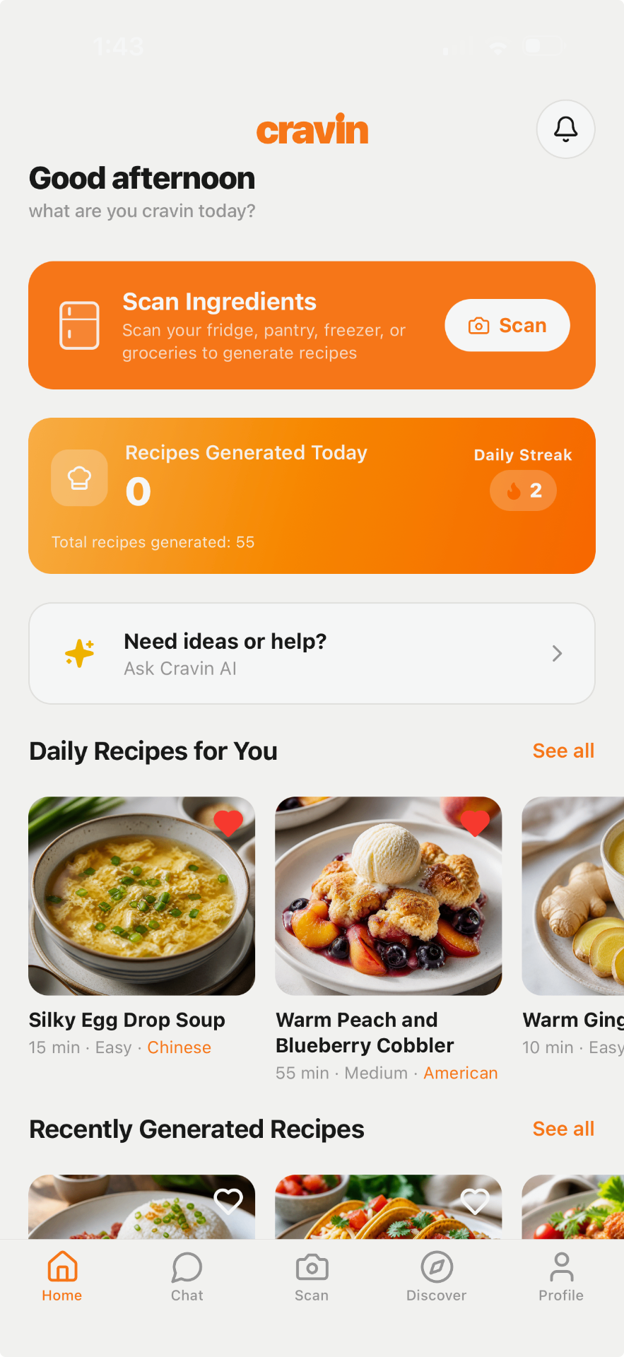 Cravin app home screen with scan ingredients and daily recipes